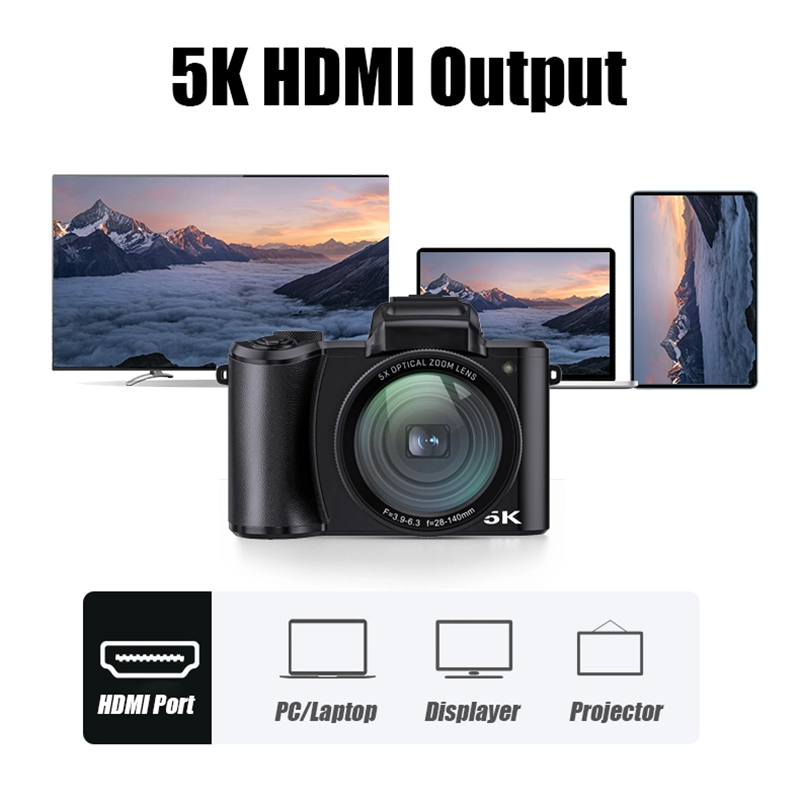 A black camera centered before screens showing mountain landscapes and HDMI icons.