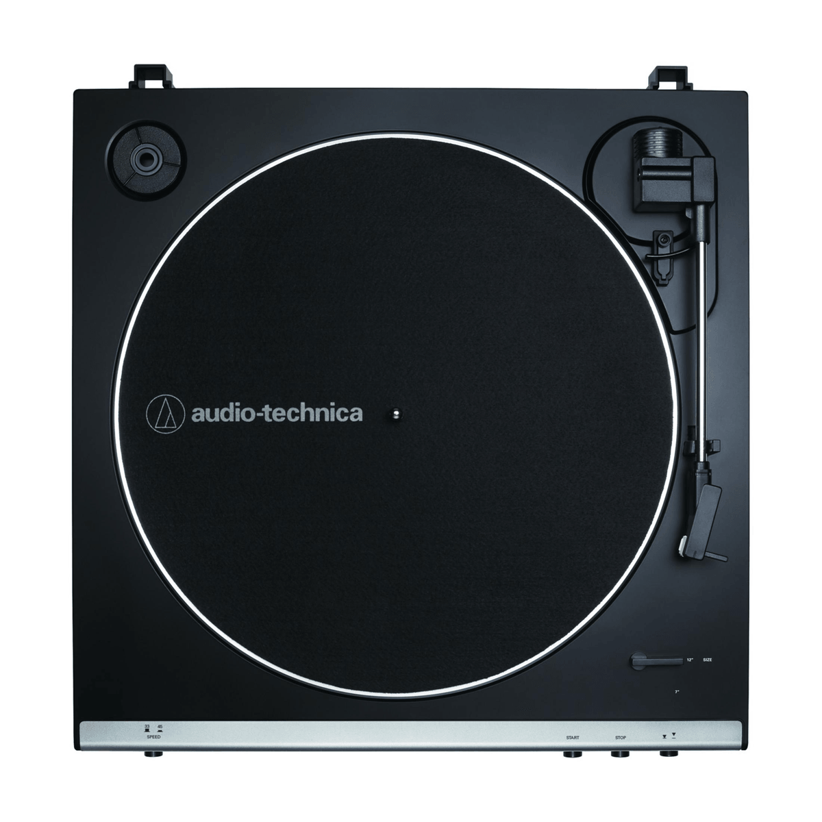 Un plato giradiscos negro de Audio-Technica con brazo y plato circular, visto desde arriba.