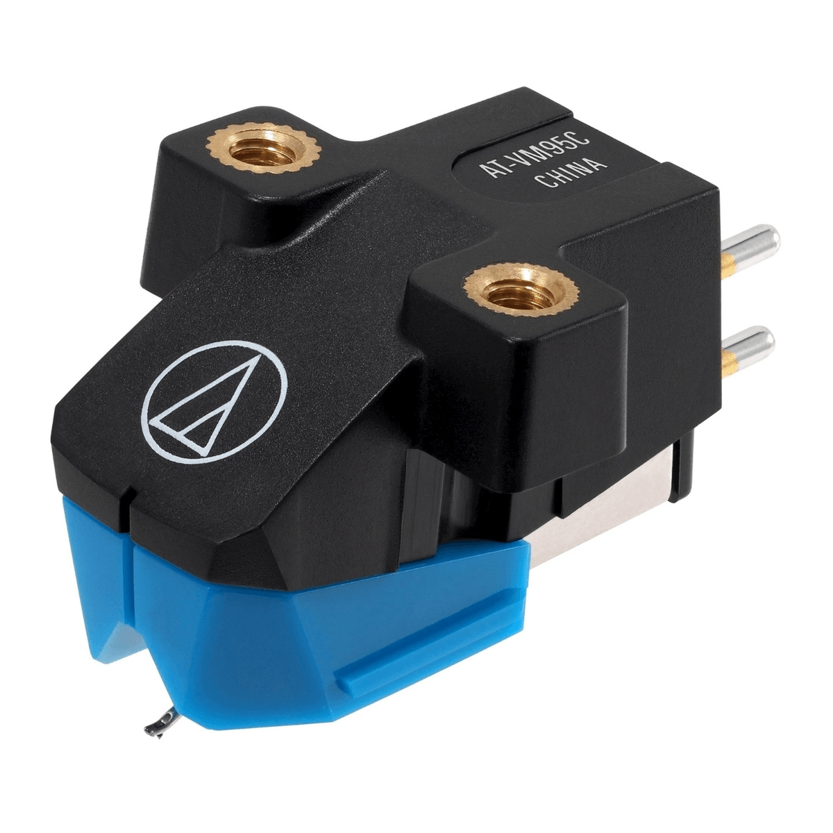 Schwarzer Audio-Technica Tonabnehmer mit blauem Schutzgehäuse und goldenen Gewinden auf weißem Hintergrund.