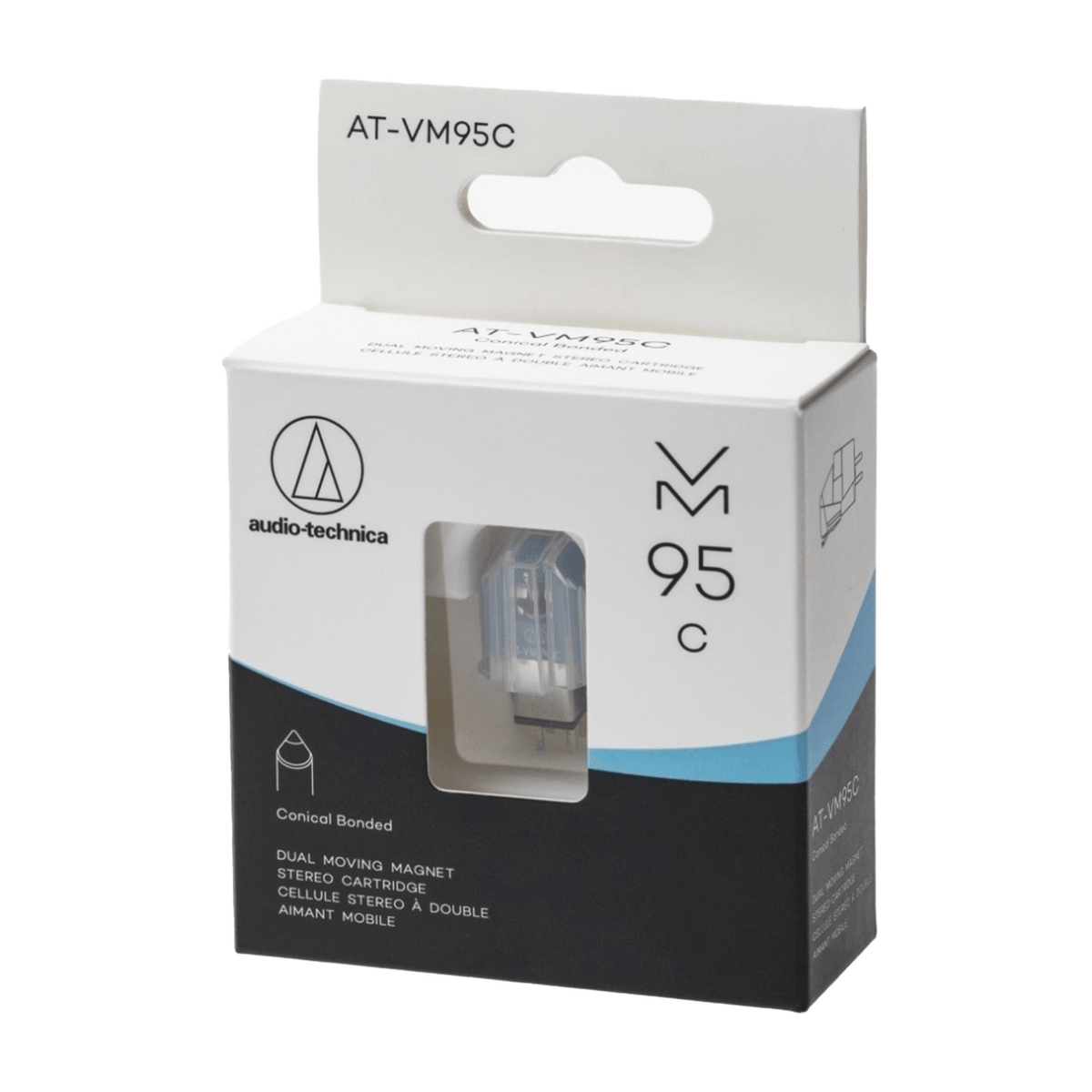 Audio-Technica AT-VM95C Tonabnehmer in weiß-schwarzer Originalverpackung.