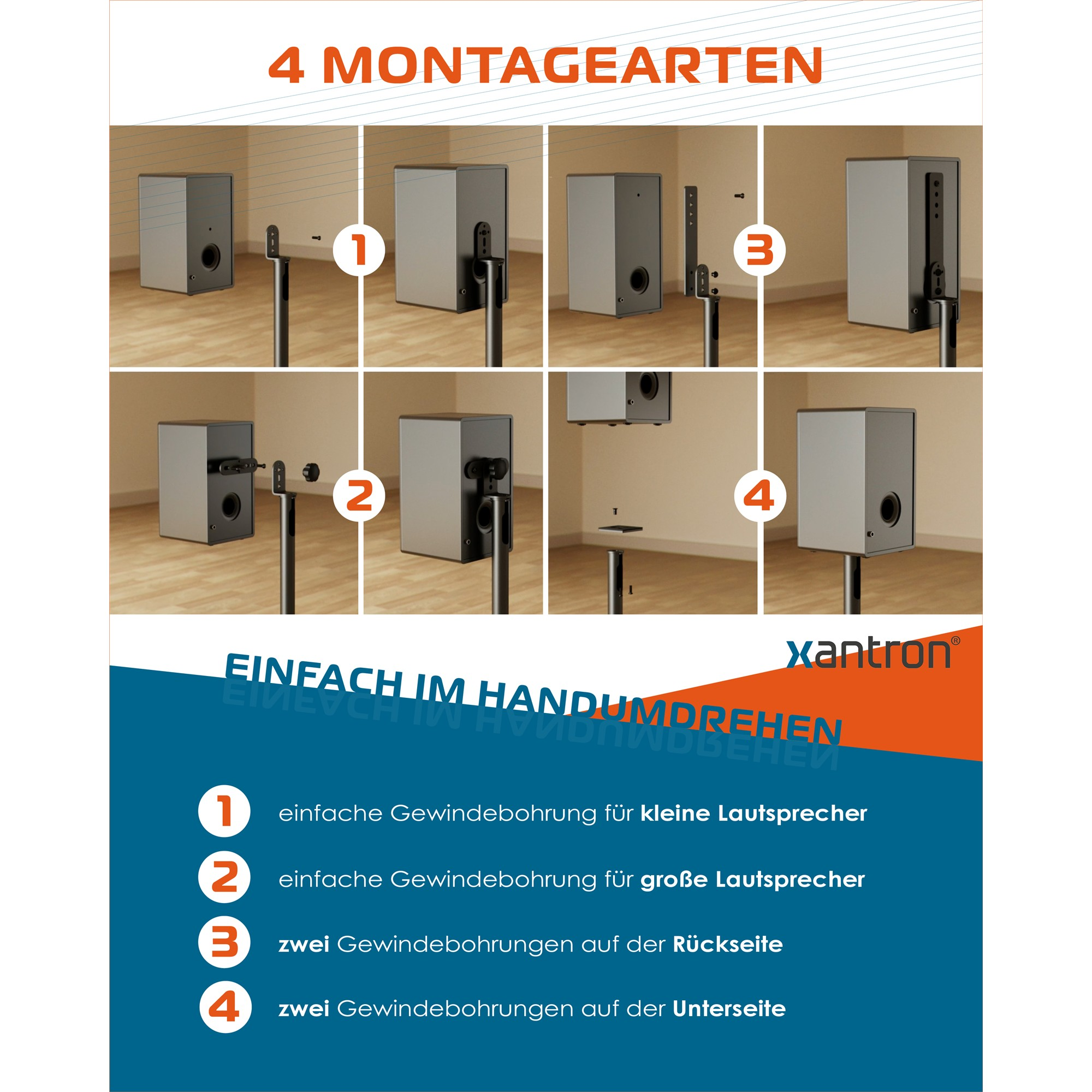 Anleitung mit vier Montagemöglichkeiten für Lautsprecher auf Ständern.