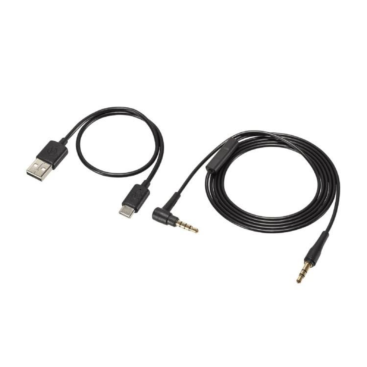 Due cavi audio neri con vari connettori, inclusi USB, USB-C e jack da 3,5 mm, su sfondo bianco.