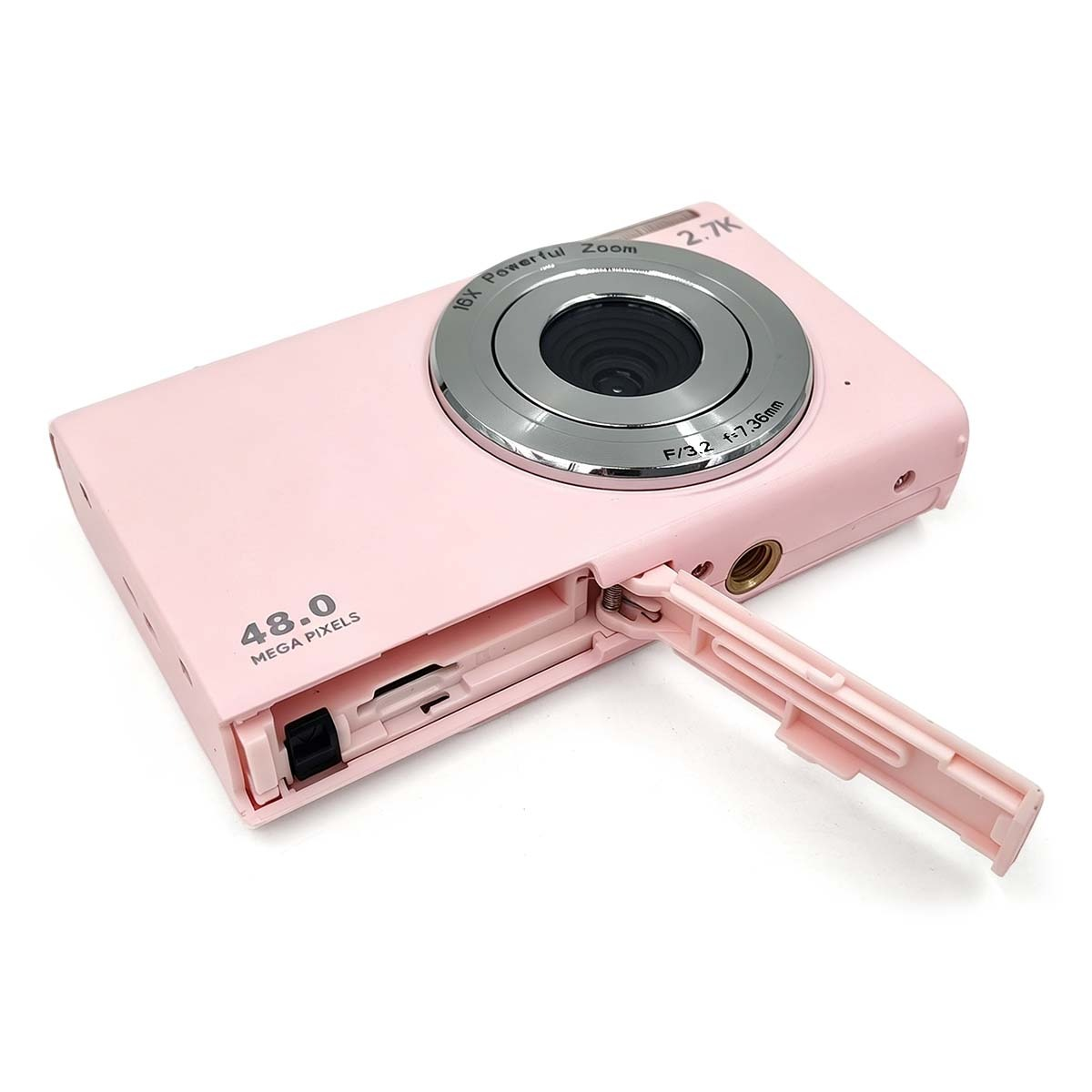Una fotocamera digitale rosa con lo sportelletto della batteria aperto.