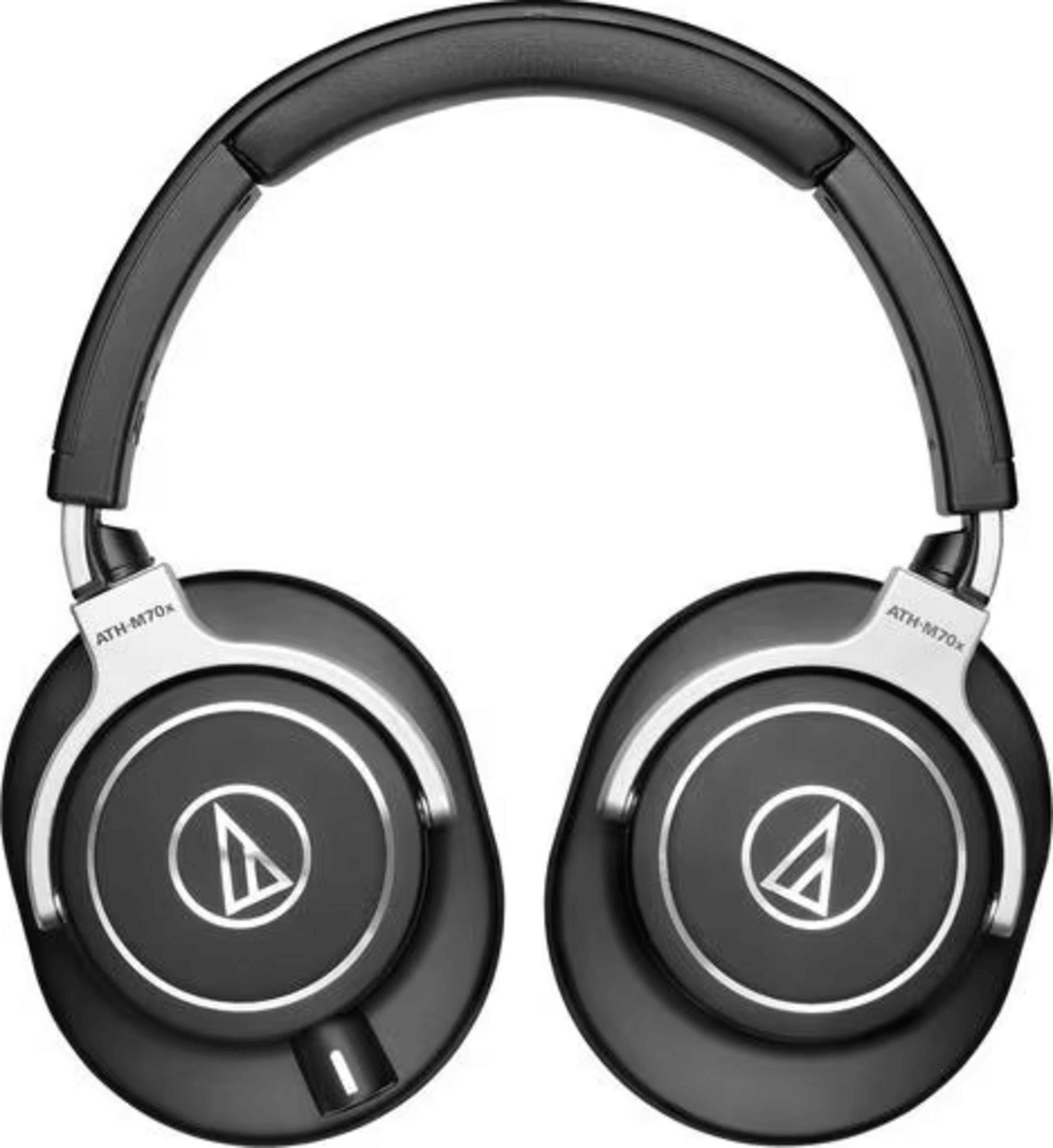 Cuffie over-ear nere con dettagli argentati e il logo Audio-Technica sui padiglioni.
