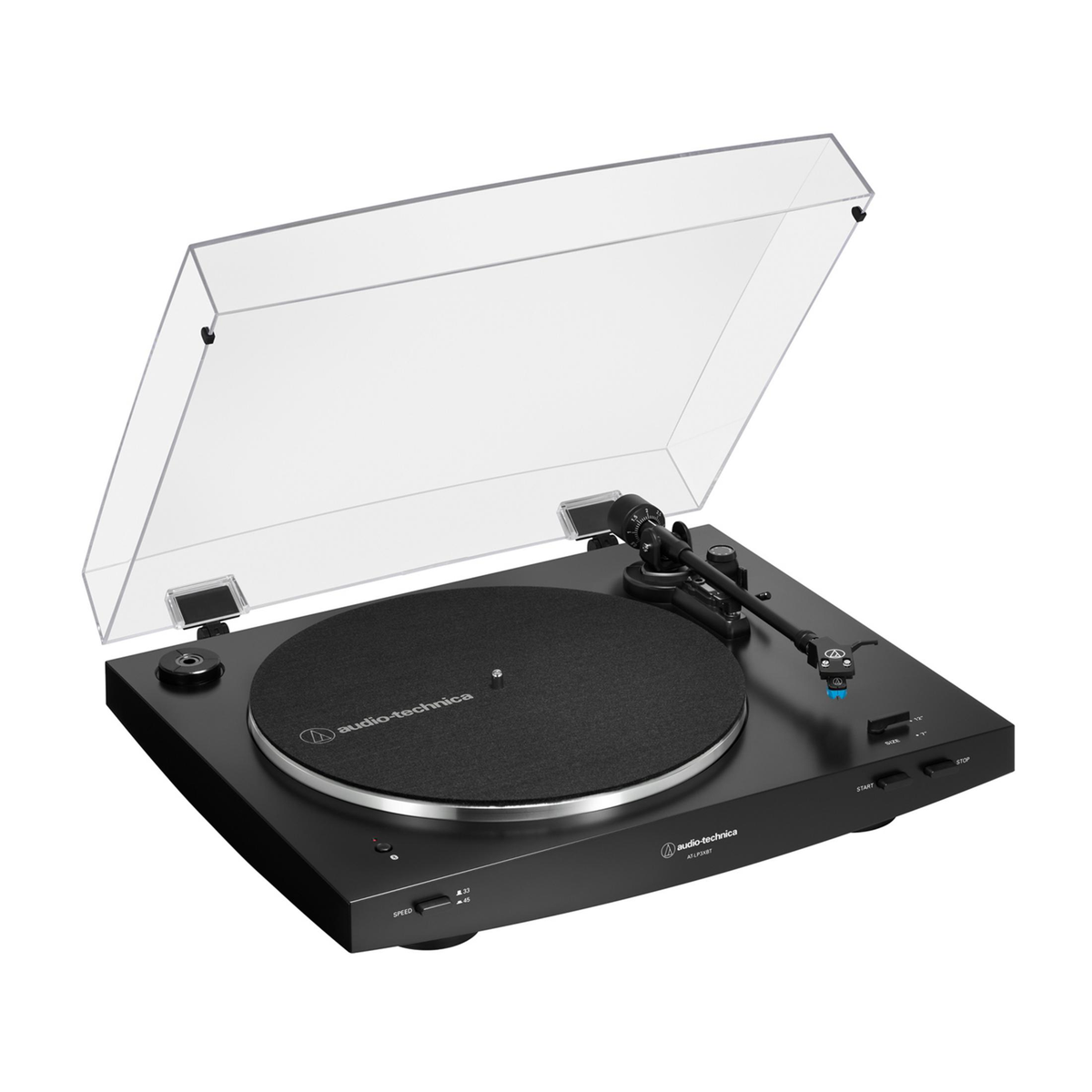Giradischi nero Audio-Technica con coperchio trasparente aperto, visto da un angolo elevato su sfondo bianco.