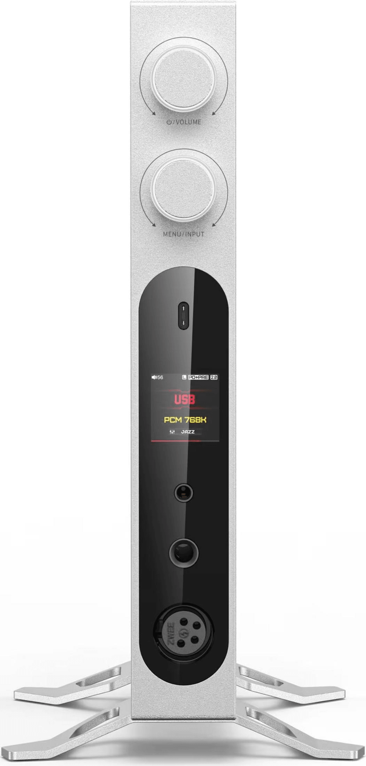 Dispositivo de audio plateado con dos perillas, una pantalla digital y varios puertos en un soporte.