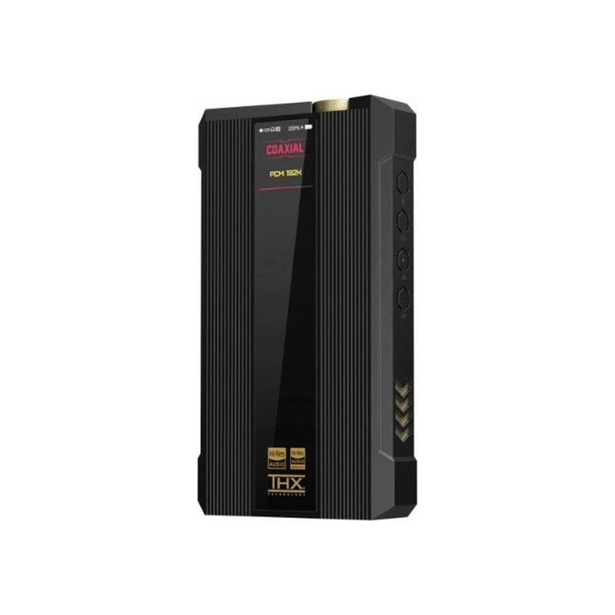 Un reproductor de audio digital negro y acanalado con pantalla que muestra COAXIAL y el logotipo THX.