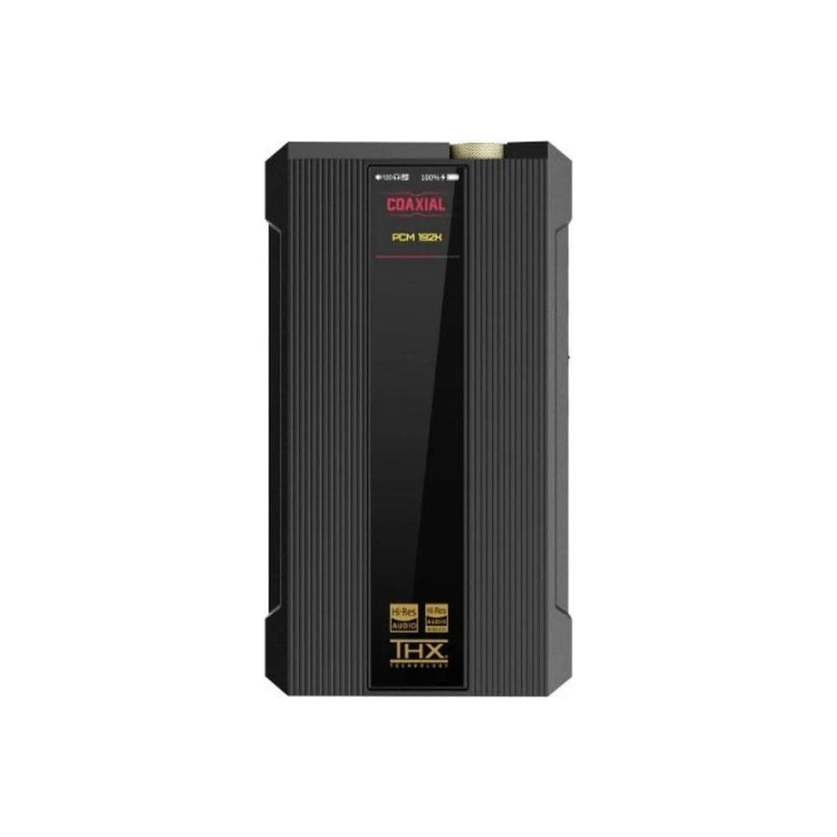 Un reproductor de audio portátil negro con pantalla y superficie estriada.