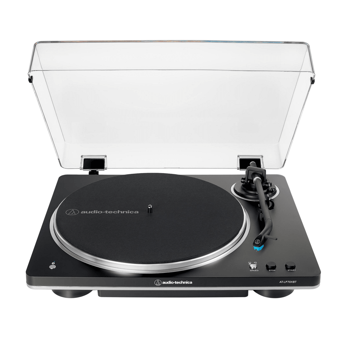 Un giradischi nero Audio-Technica con coperchio antipolvere trasparente aperto.