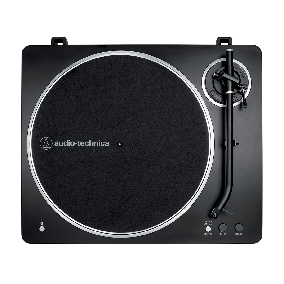 Vista dall'alto di un giradischi nero Audio-Technica con braccio e tasti di controllo.