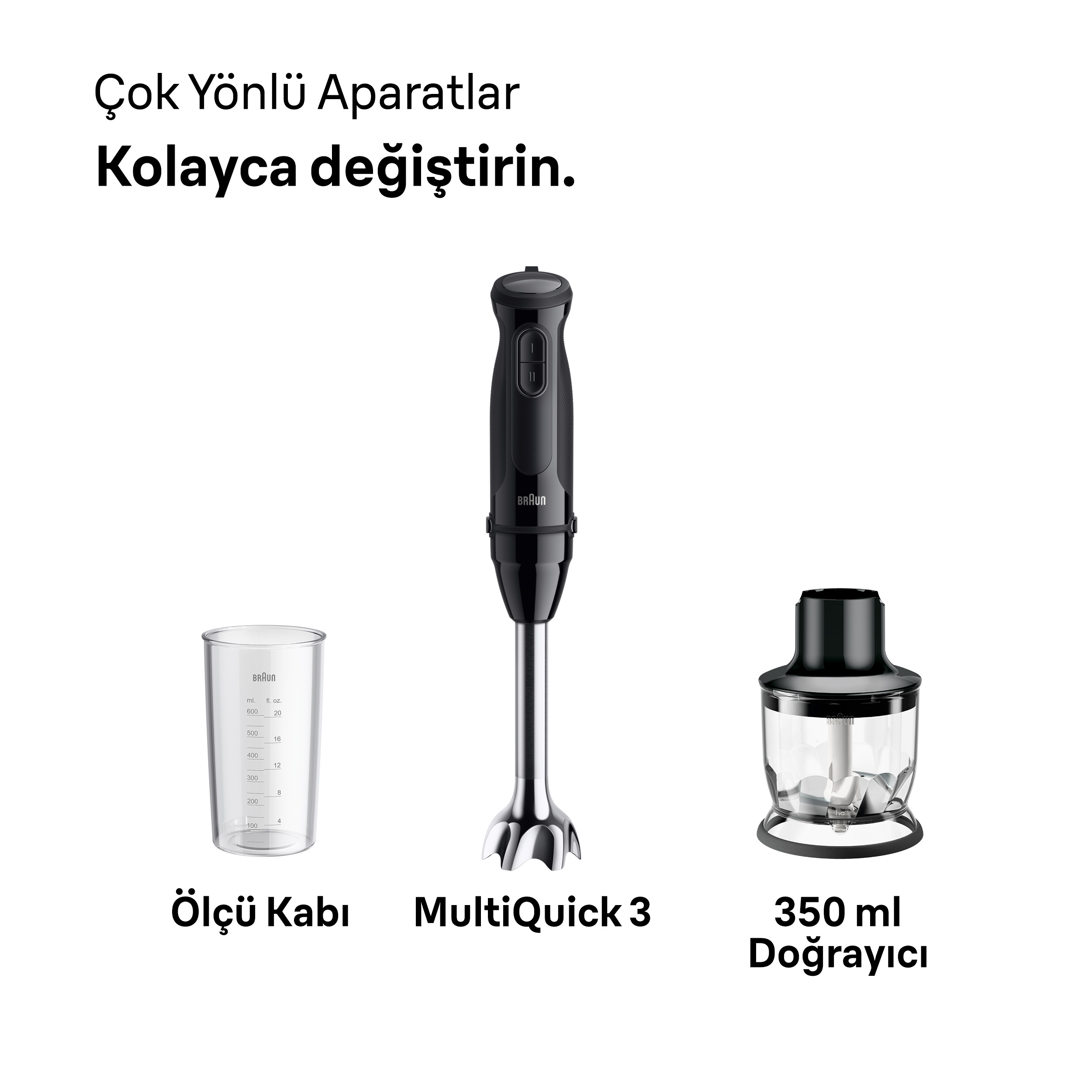 Beyaz arka planda Braun MultiQuick 3 el blenderı, ölçü kabı ve 350 ml doğrayıcı.