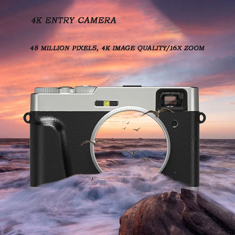 A silver and black camera overlays a sunset ocean view, with a circular lens showing flying birds over waves.