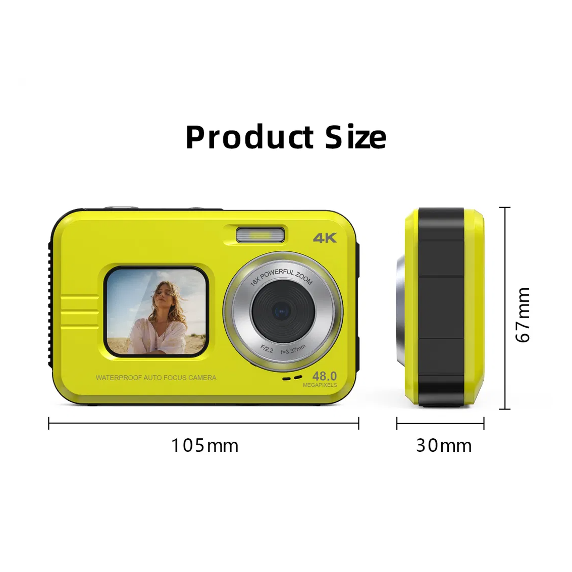 Yellow digital camera dimensions: front view 105mm wide, side view 30mm wide and 67mm high.