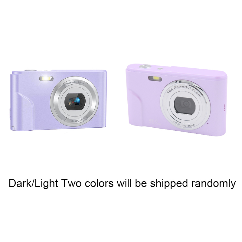 Two light purple digital cameras shown from the front and angled, with text stating colors ship randomly.
