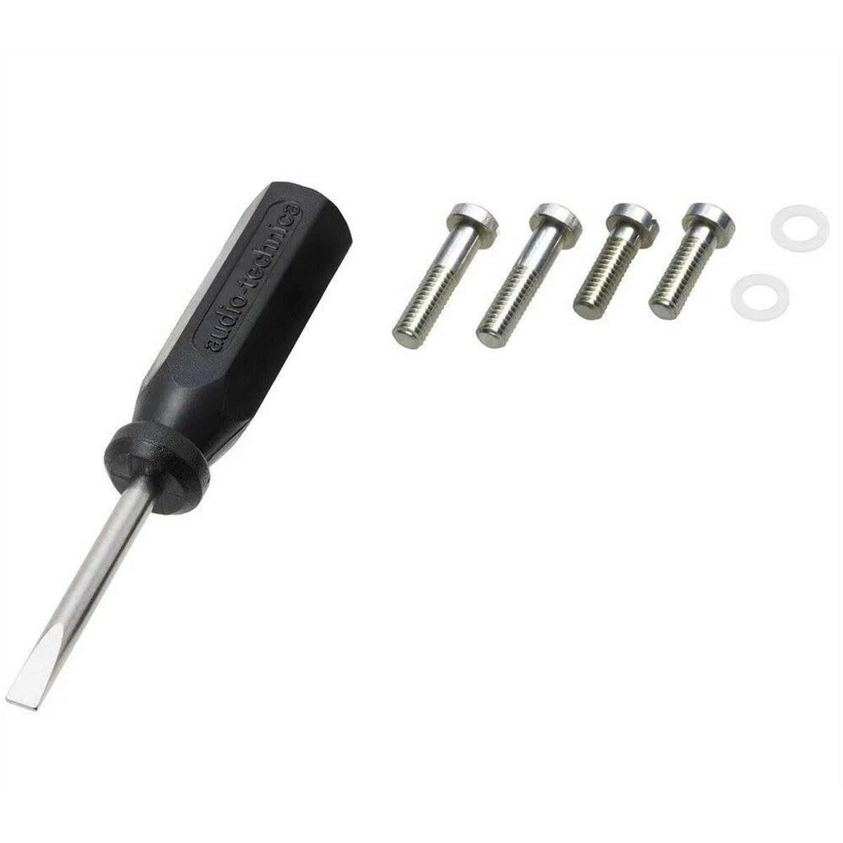 Un destornillador plano audio-technica, cuatro tornillos metálicos y dos arandelas de plástico blanco sobre fondo blanco.