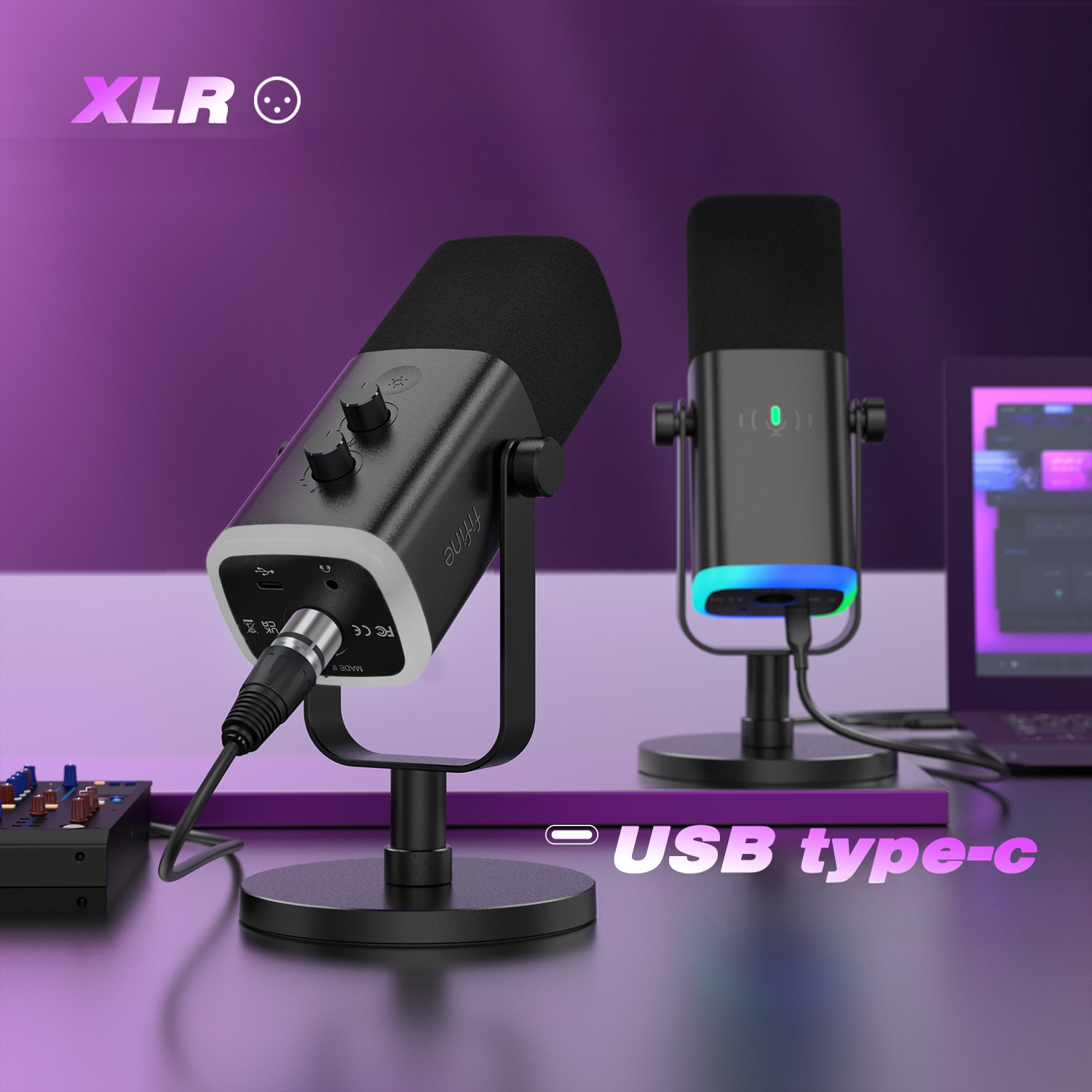Dwa czarne mikrofony na biurkach, jeden z XLR, drugi z USB typu C, na fioletowym tle.