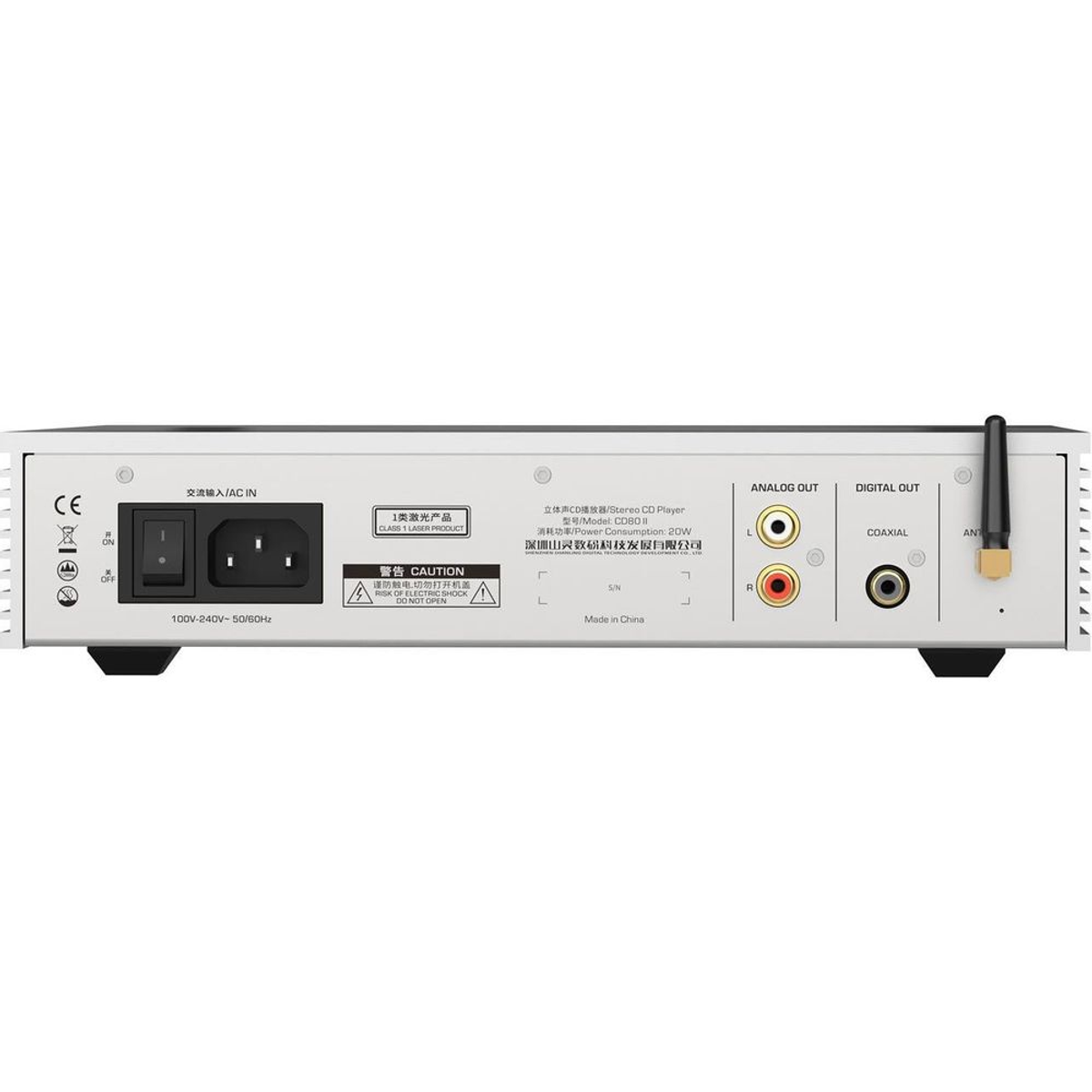Panel trasero de un reproductor de CD con entrada de CA, salidas analógicas y digitales, y una antena.