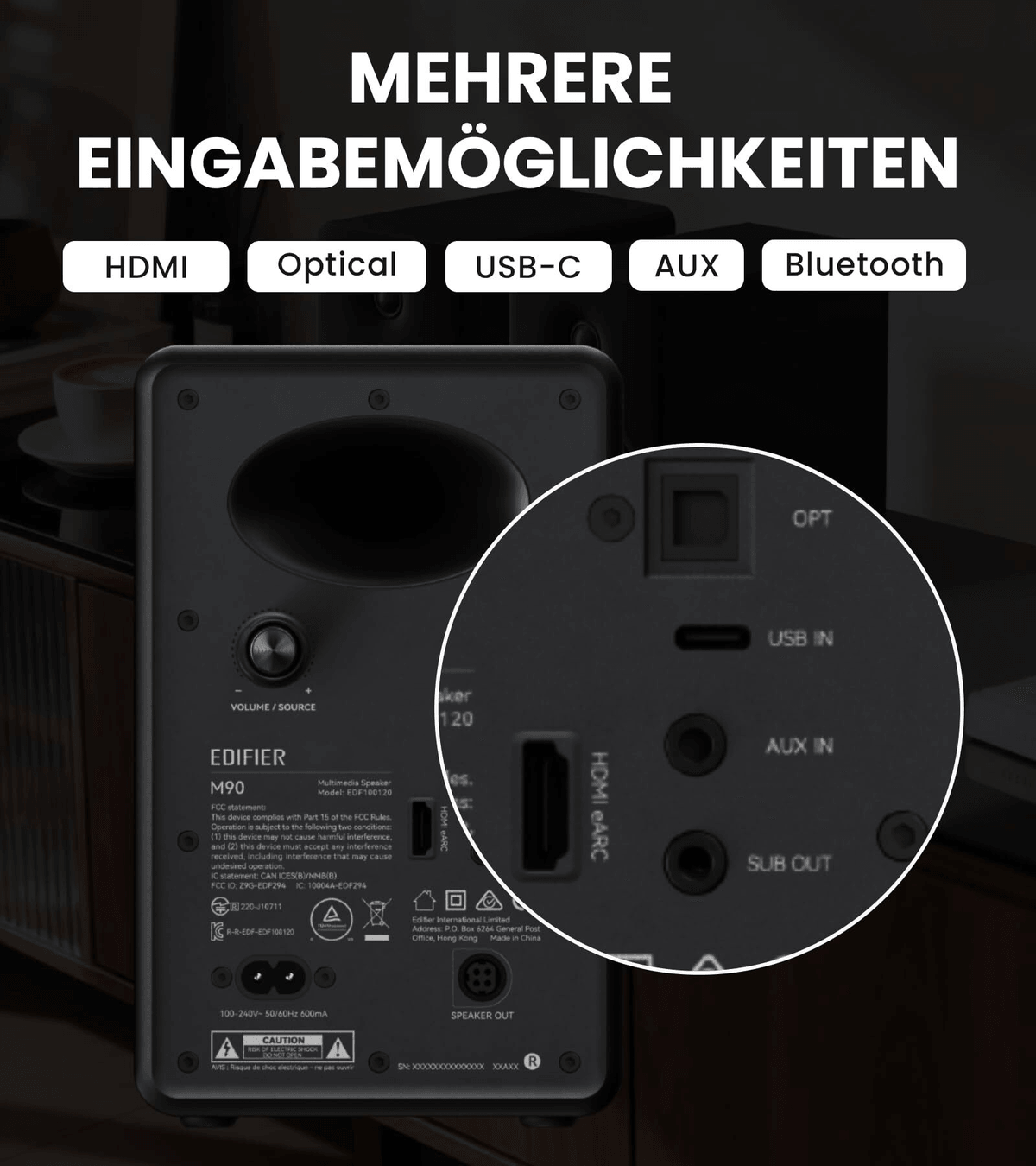 Retro dello speaker Edifier M90 con zoom sulle porte: OPT, USB-C, AUX IN, HDMI eARC e SUB OUT.