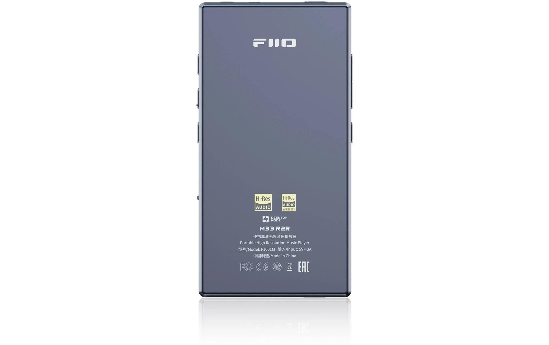 Parte trasera de un reproductor de música portátil de alta resolución FiiO M23 R2R gris con logotipos.