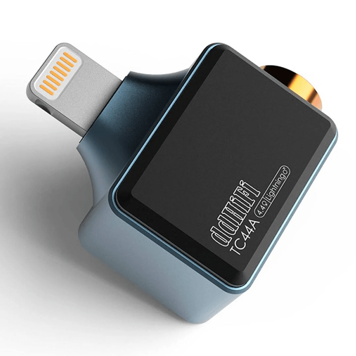 Un adaptador de audio DDHIFI TC44A azul y negro con conector Lightning sobre fondo blanco.