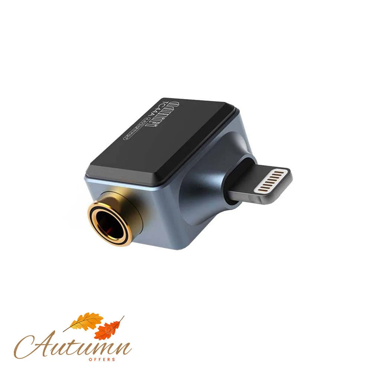 Un adaptador de audio Lightning a 3,5 mm gris sobre fondo blanco.