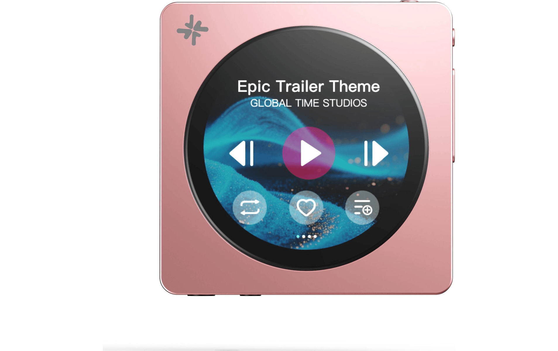 Un reproductor MP3 cuadrado y rosa con pantalla circular que muestra la canción Epic Trailer Theme.