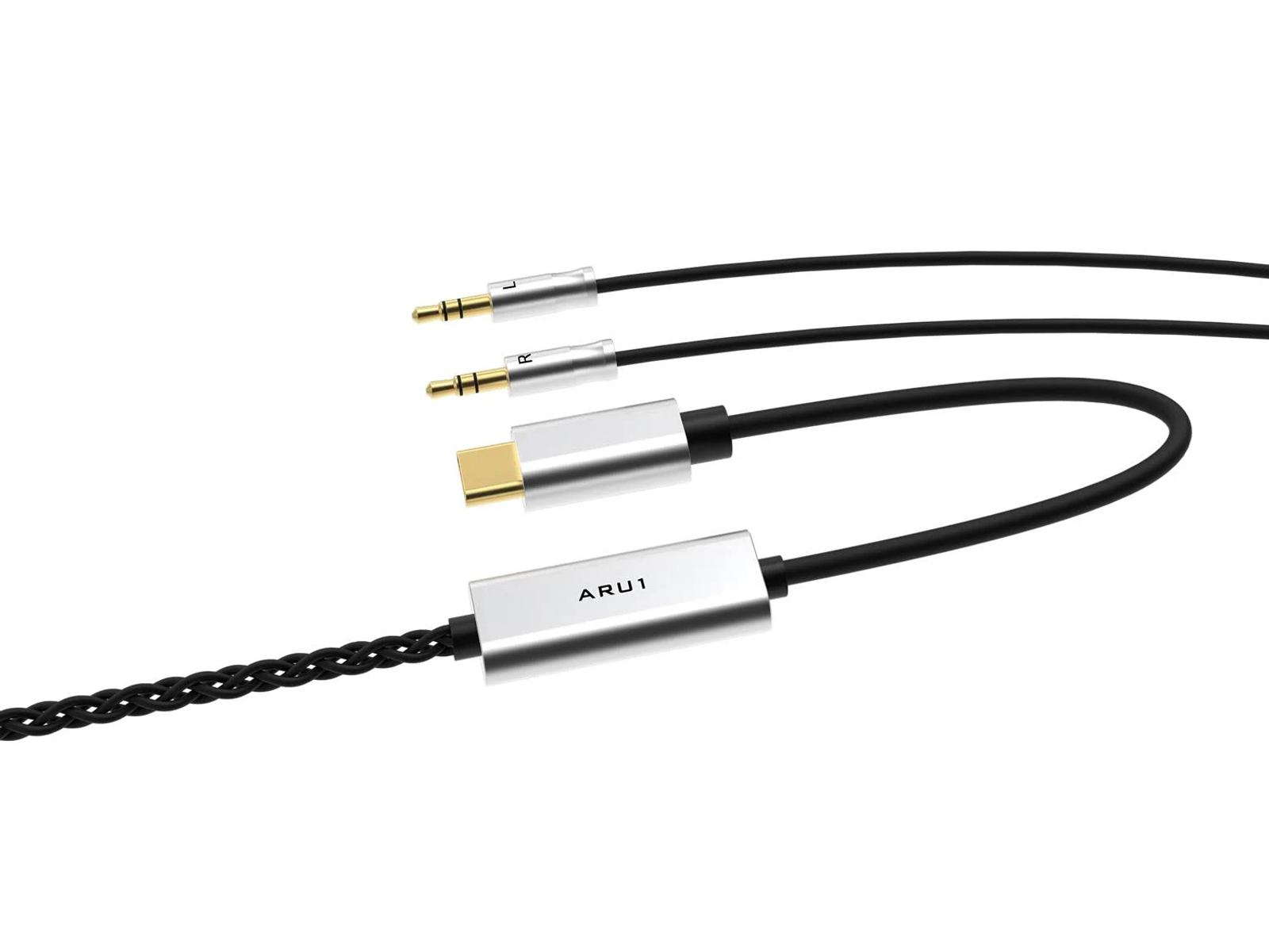 Un cable de audio ARU1 con conector Tipo-C, dos conectores de audio y cable trenzado negro.