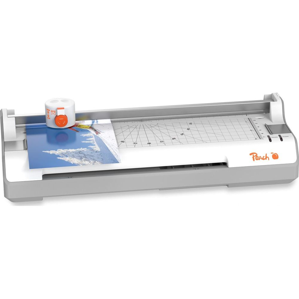 Weißer Peach-Schneideplotter mit integriertem Messerkopf auf einer bedruckten Schneideunterlage.
