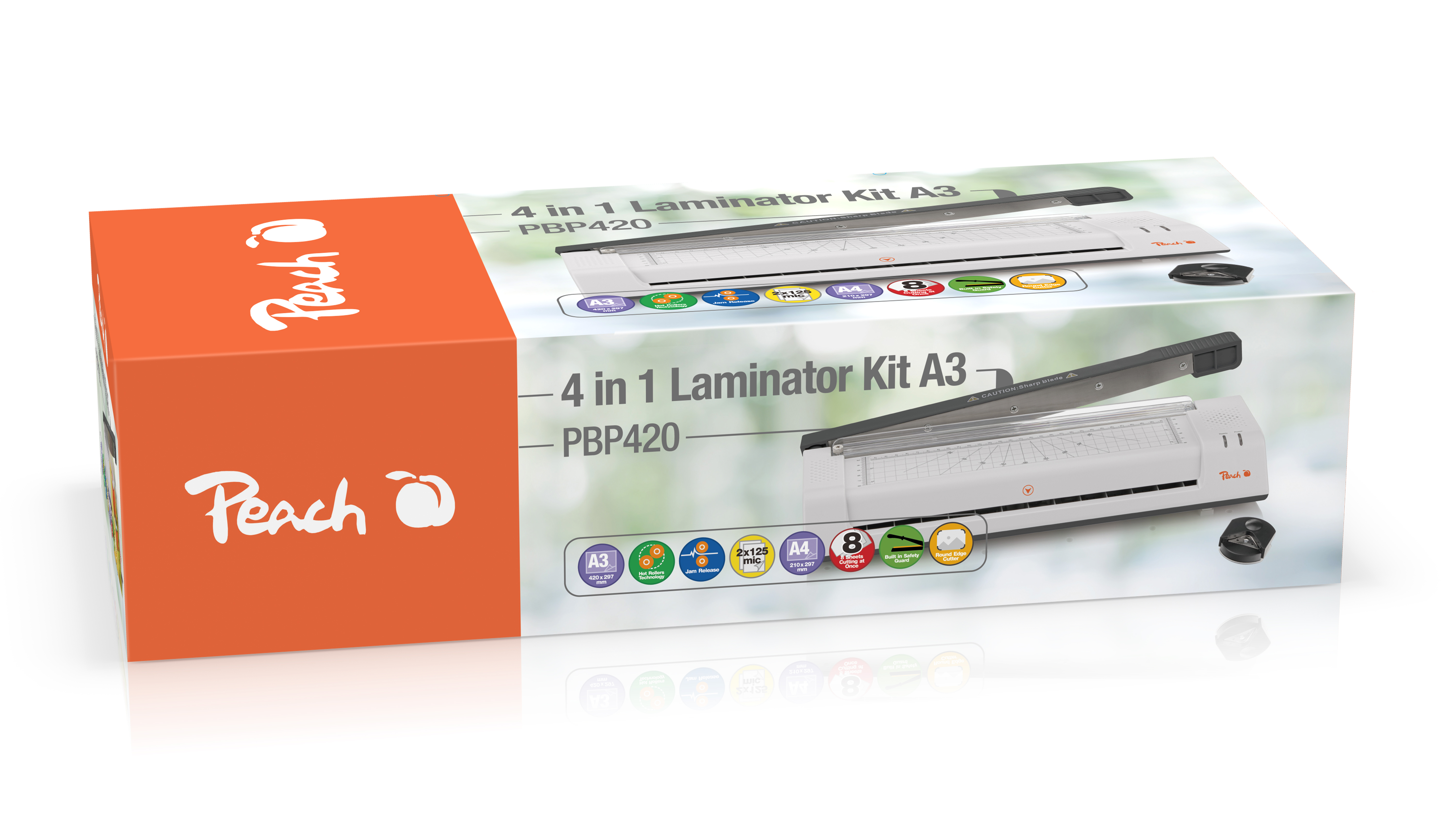 Verpackung eines Peach 4-in-1-A3-Laminiergeräts, Modell PBP420, in Weiß und Orange mit Produktabbildungen.