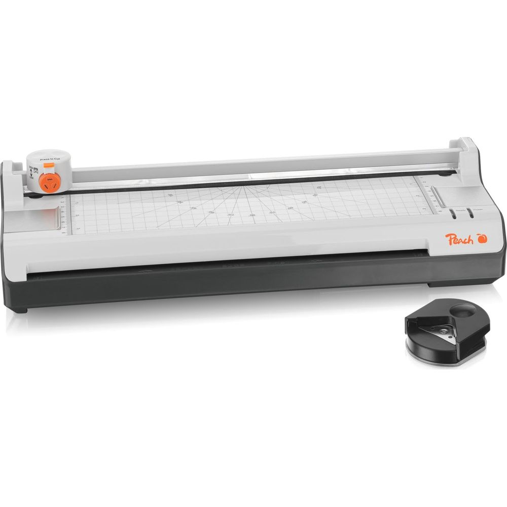 Ein weiß-schwarzer Papierschneider mit Raster und orangenem Peach-Logo sowie ein separates Eckenabrundungsgerät.