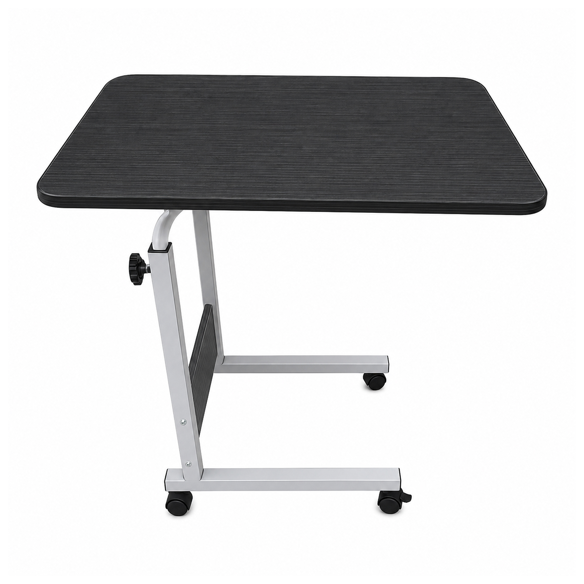 Mesa auxiliar negra ajustable con estructura de metal plateado y ruedas sobre fondo blanco.