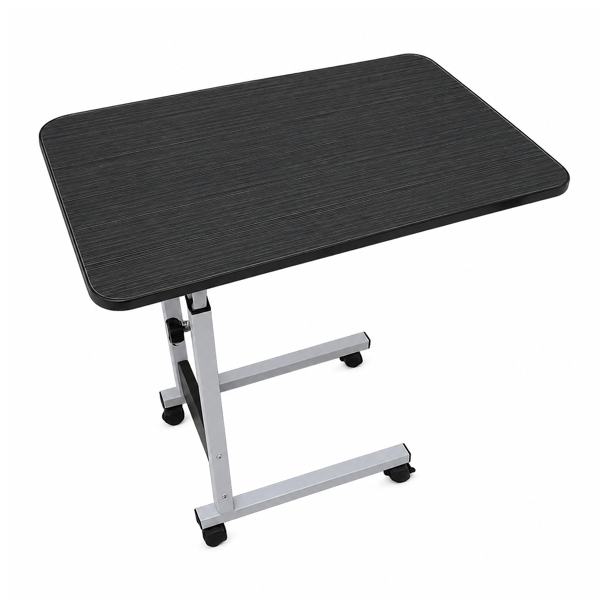 Mesa auxiliar ajustable en negro y plata con ruedas sobre fondo blanco.