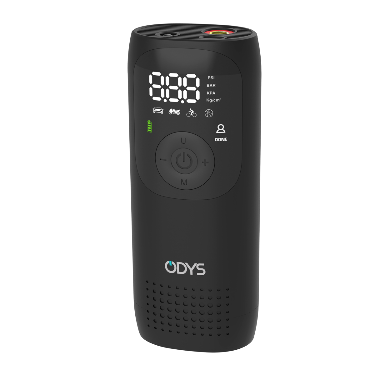 Schwarze elektrische Luftpumpe von Odys mit digitalem Display und Bedienknöpfen.