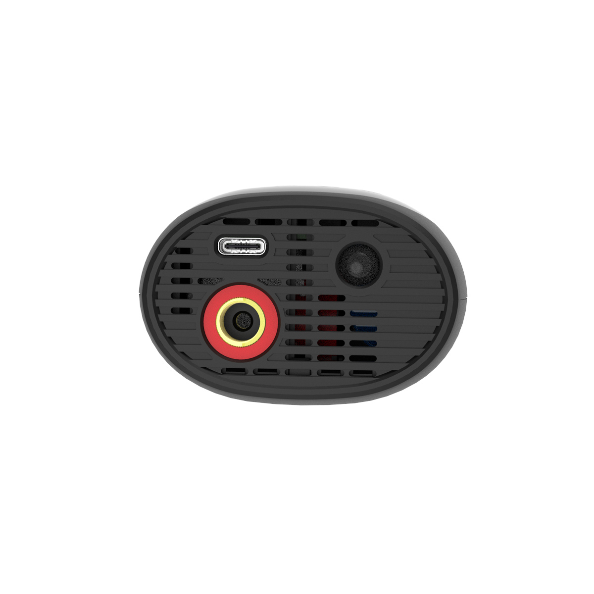 Nahaufnahme einer schwarzen Anschlussleiste mit USB-C-Anschluss, rot umrandeter Buchse und Lüftungsschlitzen.