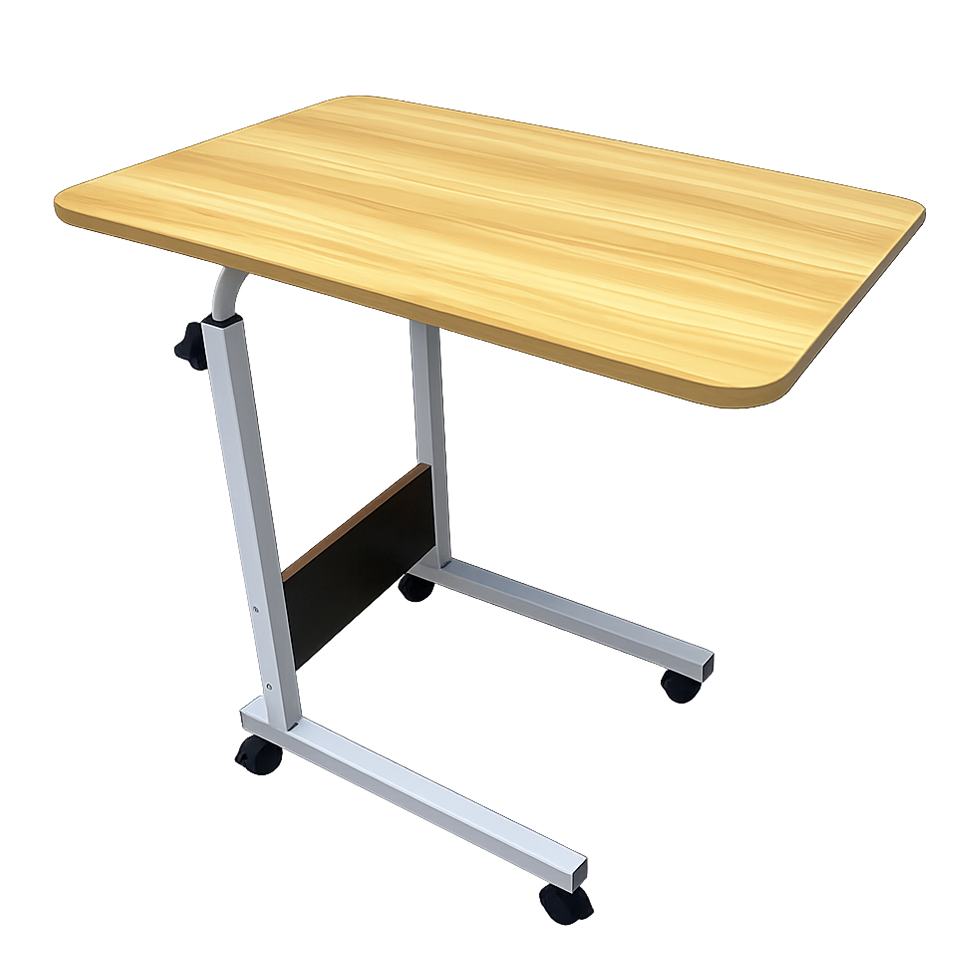 Una mesa auxiliar móvil con superficie de madera clara y estructura de metal plateado con cuatro ruedas.