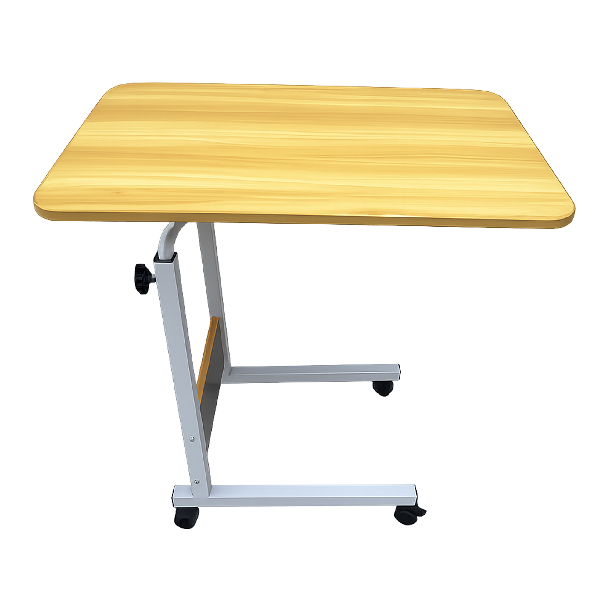 Mesa auxiliar ajustable con tablero de madera y ruedas sobre fondo blanco.