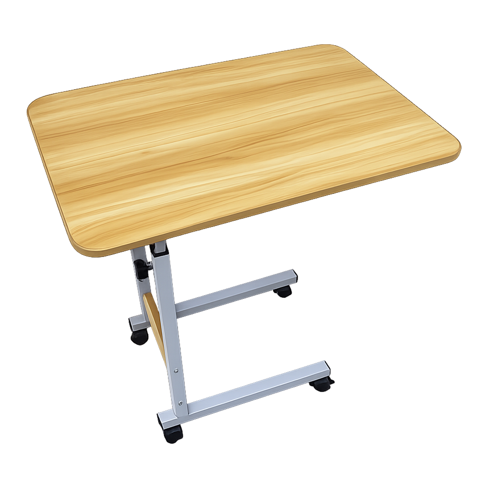 Mesa auxiliar ajustable con tablero de madera y estructura de metal plateado con ruedas sobre fondo blanco.