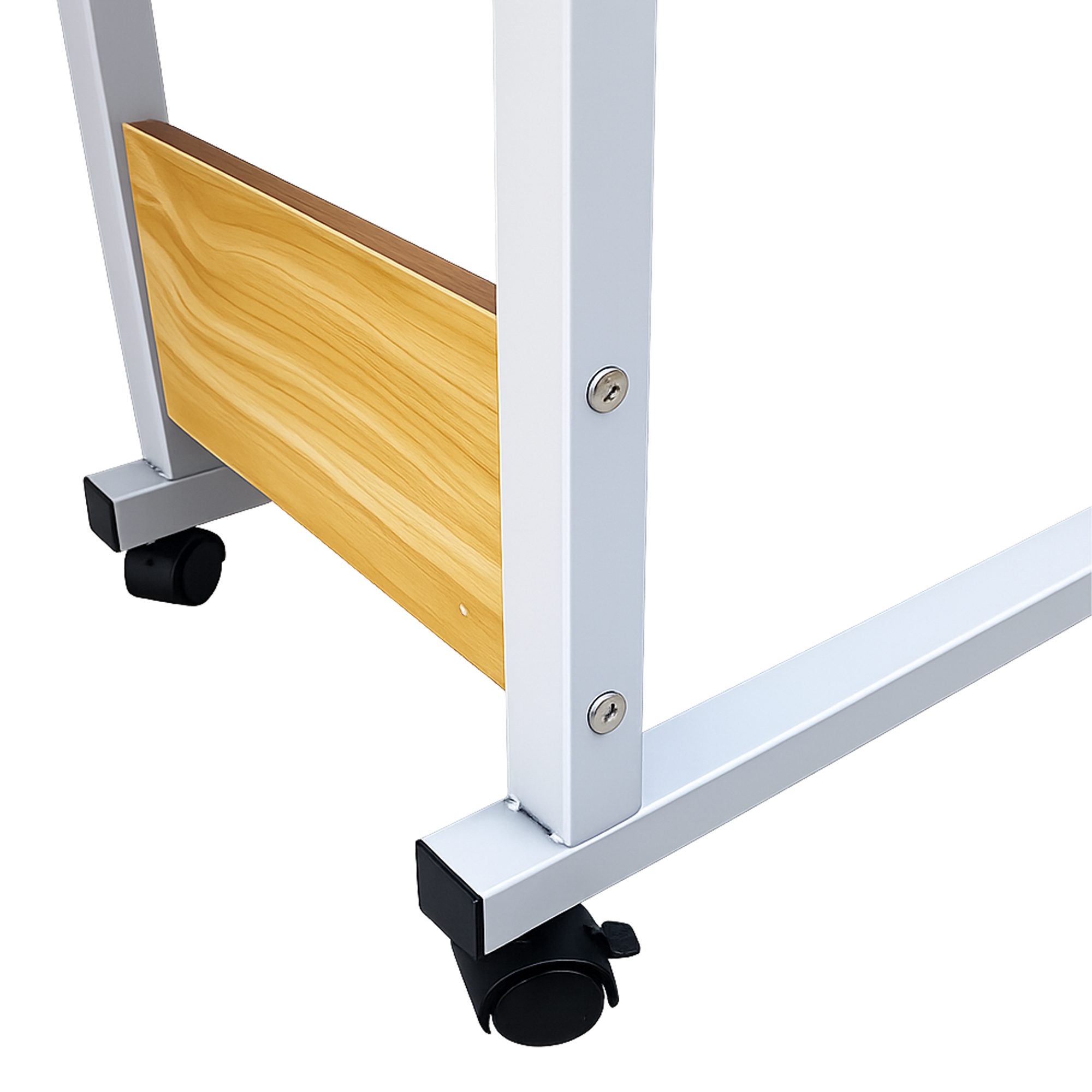Pata de escritorio de metal blanco con panel de madera, ruedas negras y tornillos sobre fondo blanco.