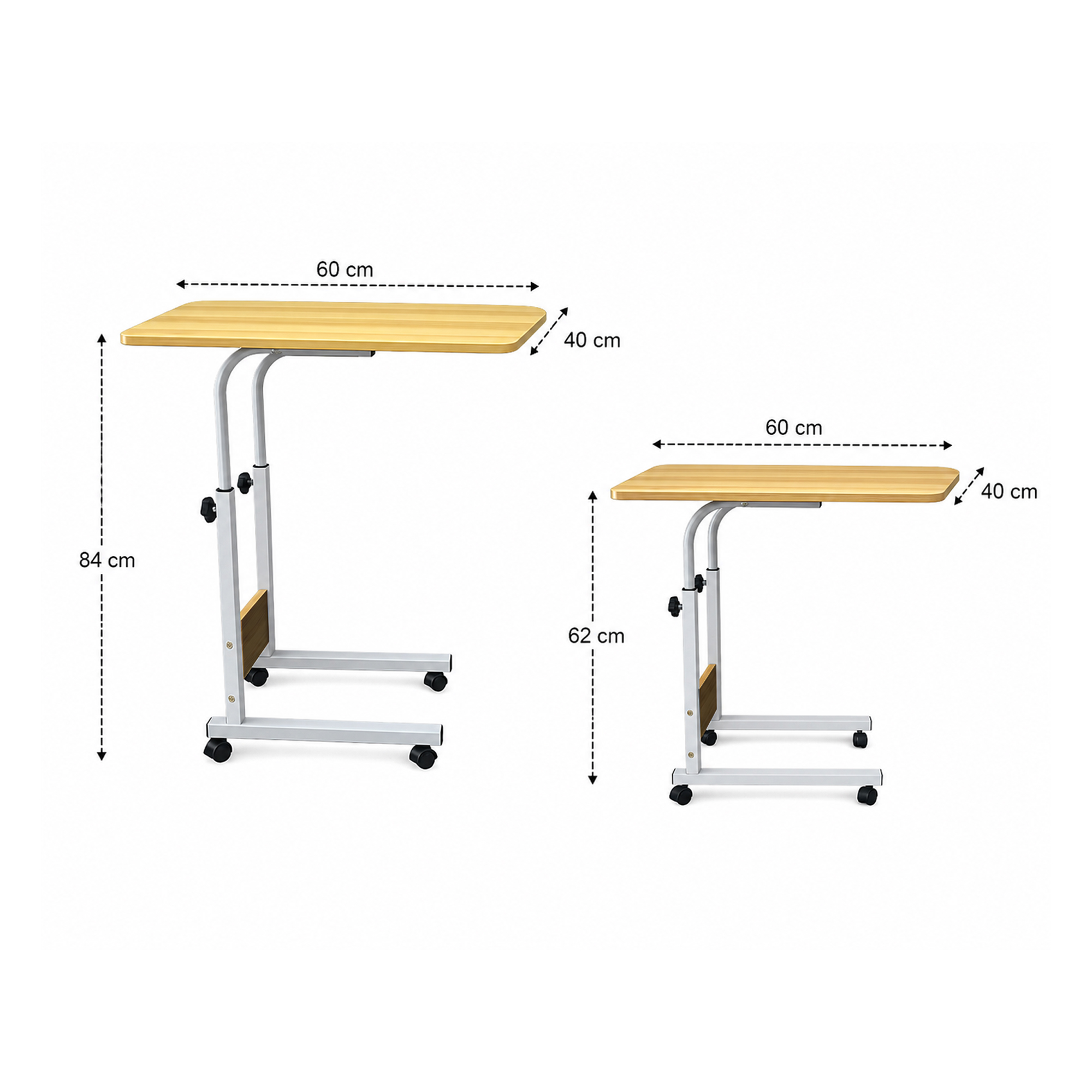 Dos mesas para portátil con ruedas ajustables, tableros de madera y estructura blanca, con dimensiones.