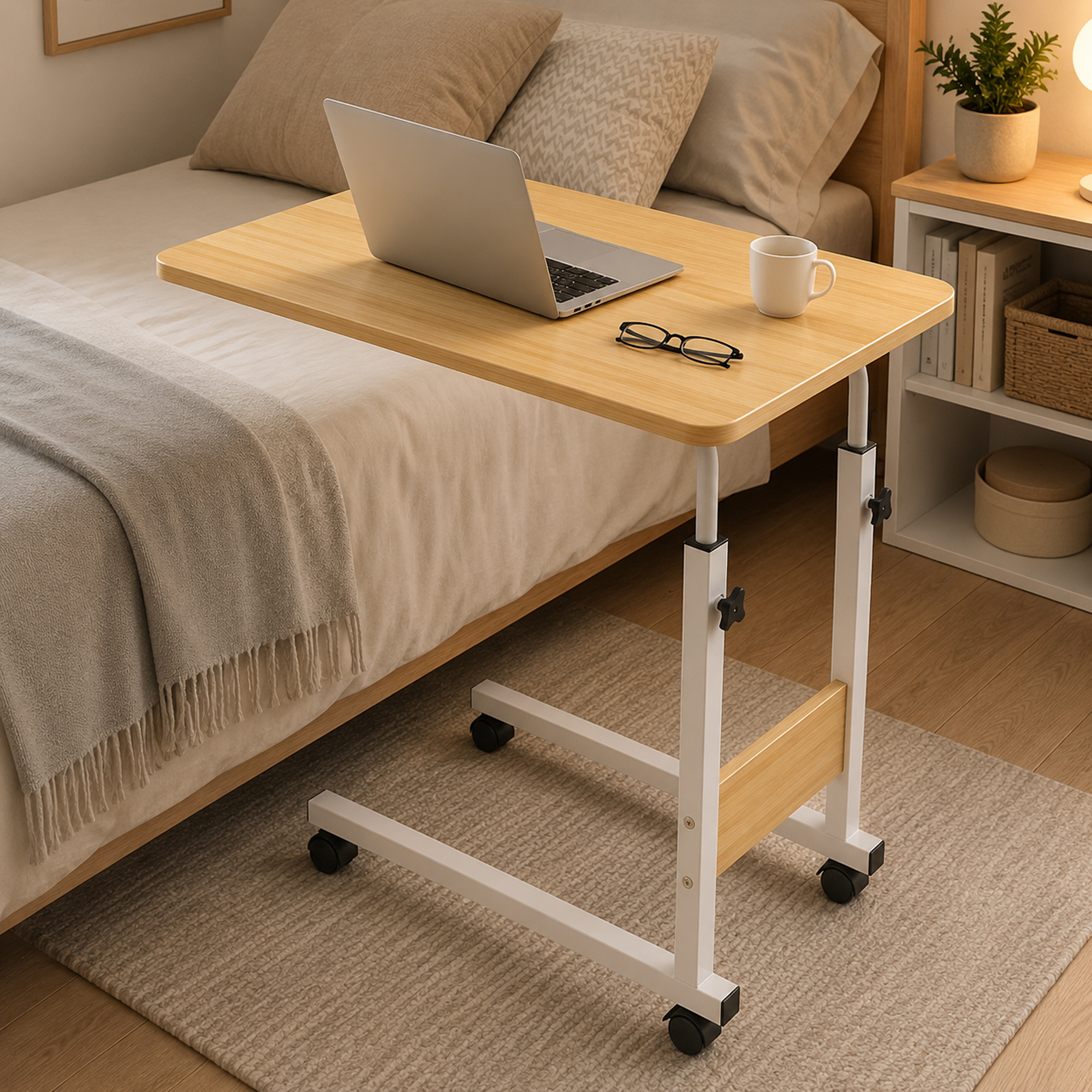 Una mesa de madera portátil para ordenador portátil en un dormitorio.