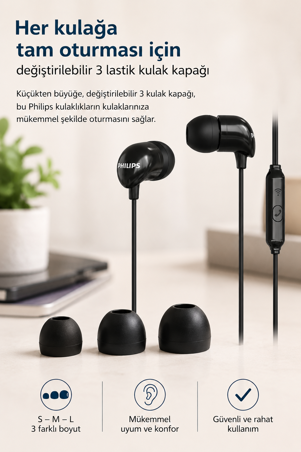 Auricolari con filo Philips neri con tre misure di cuscinetti intercambiabili su una superficie chiara.