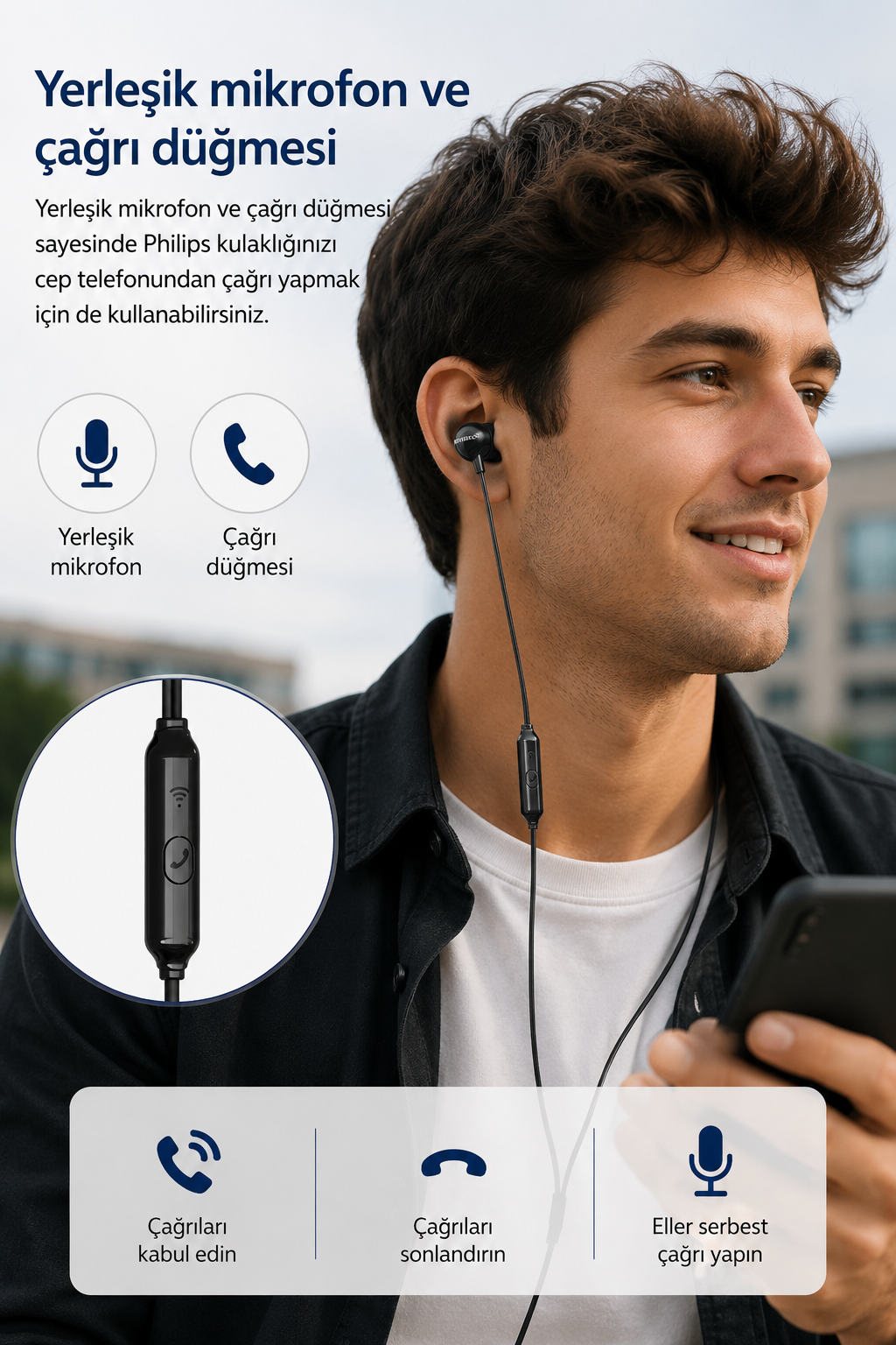 Un giovane con auricolari tiene uno smartphone, con icone per microfono integrato e pulsanti di chiamata.