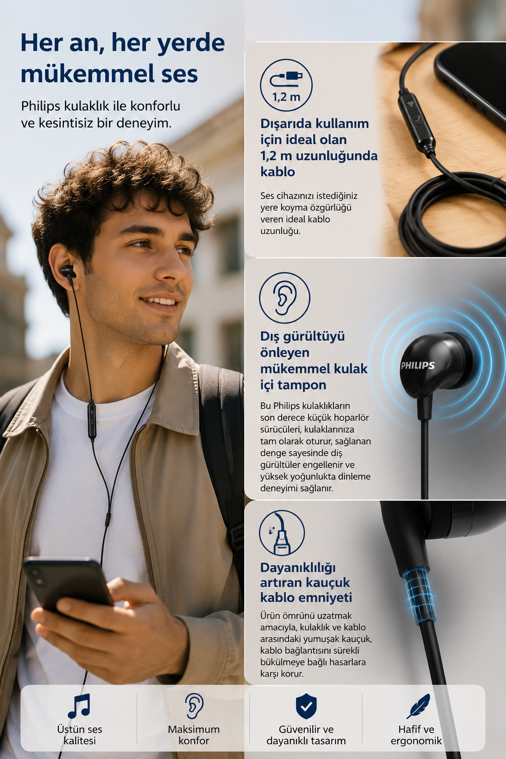 Manifesto pubblicitario per auricolari Philips con un uomo sorridente e primi piani del cavo e degli auricolari.