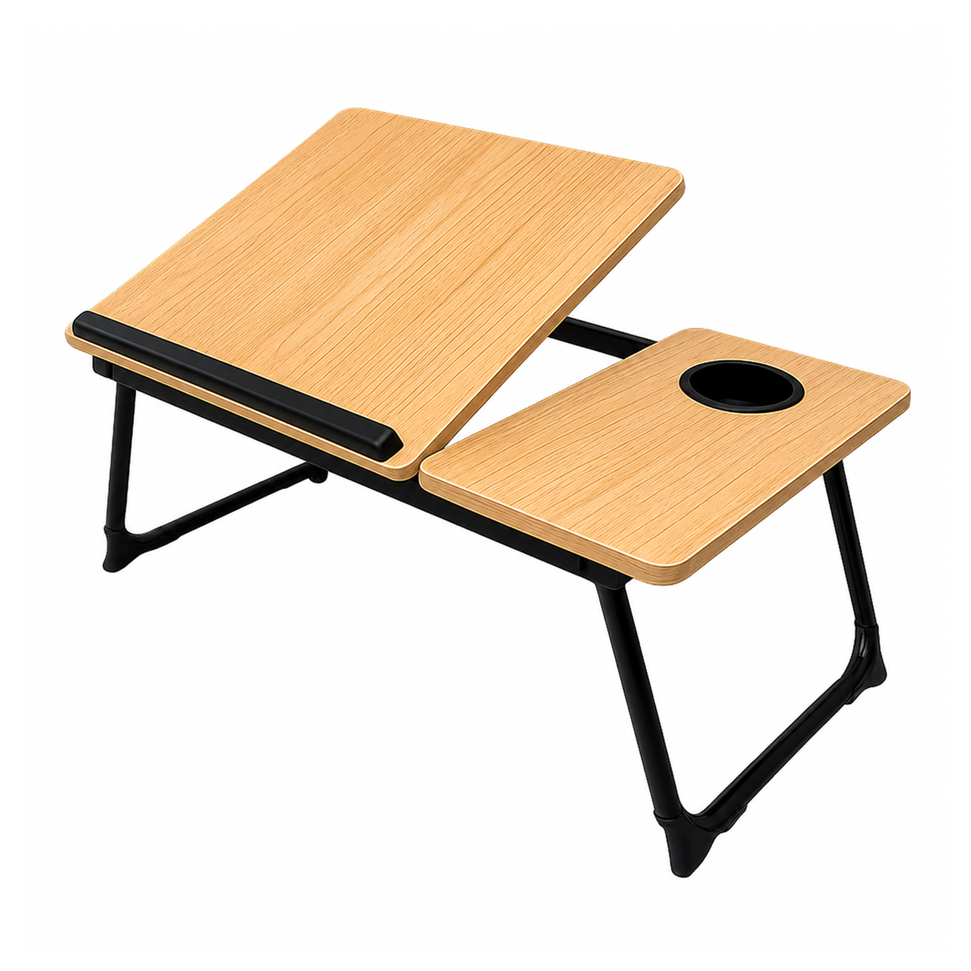 Un escritorio de madera con patas de metal negro y un posavasos incorporado.