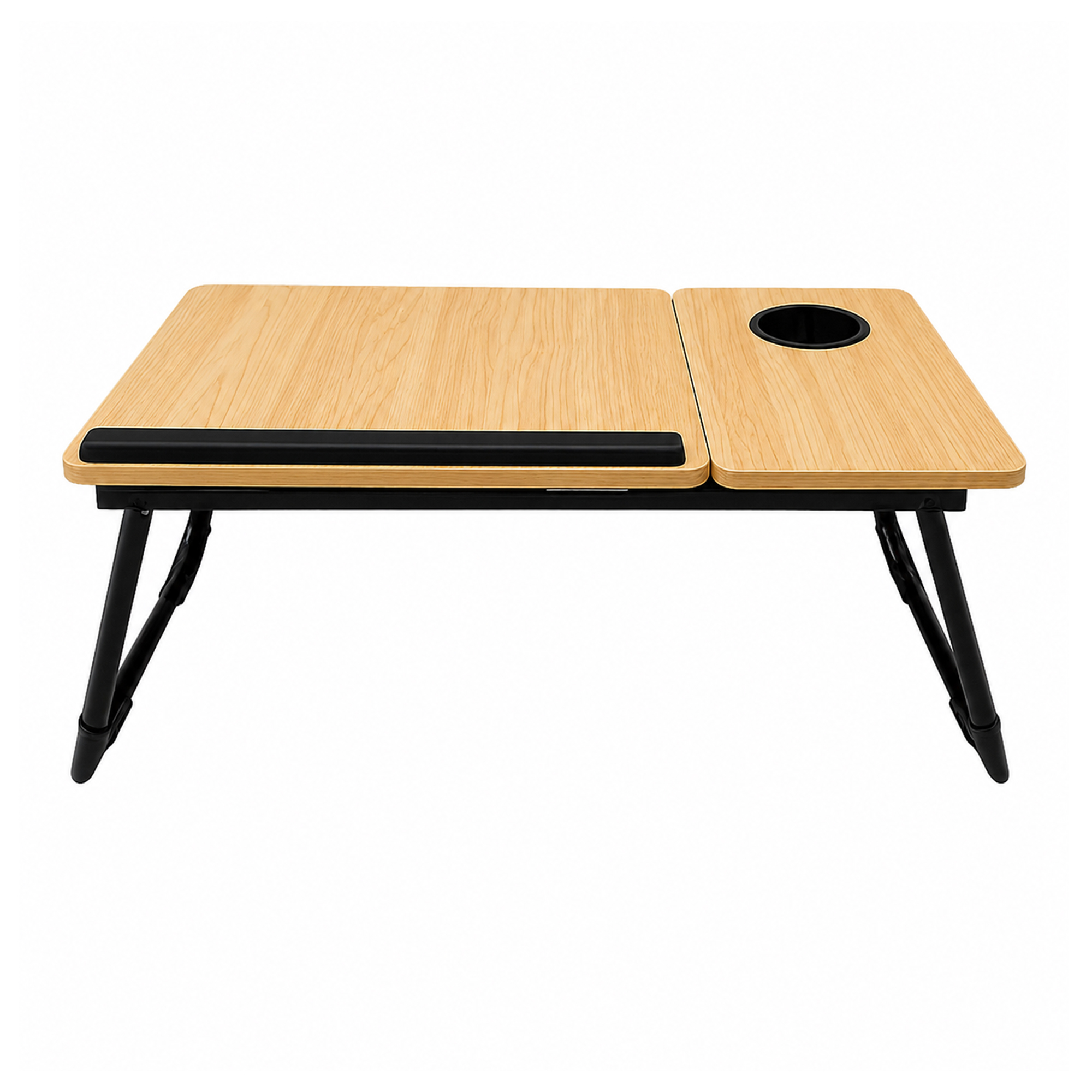 Una mesa de cama de madera plegable con patas negras, barra protectora negra y portavasos integrado.