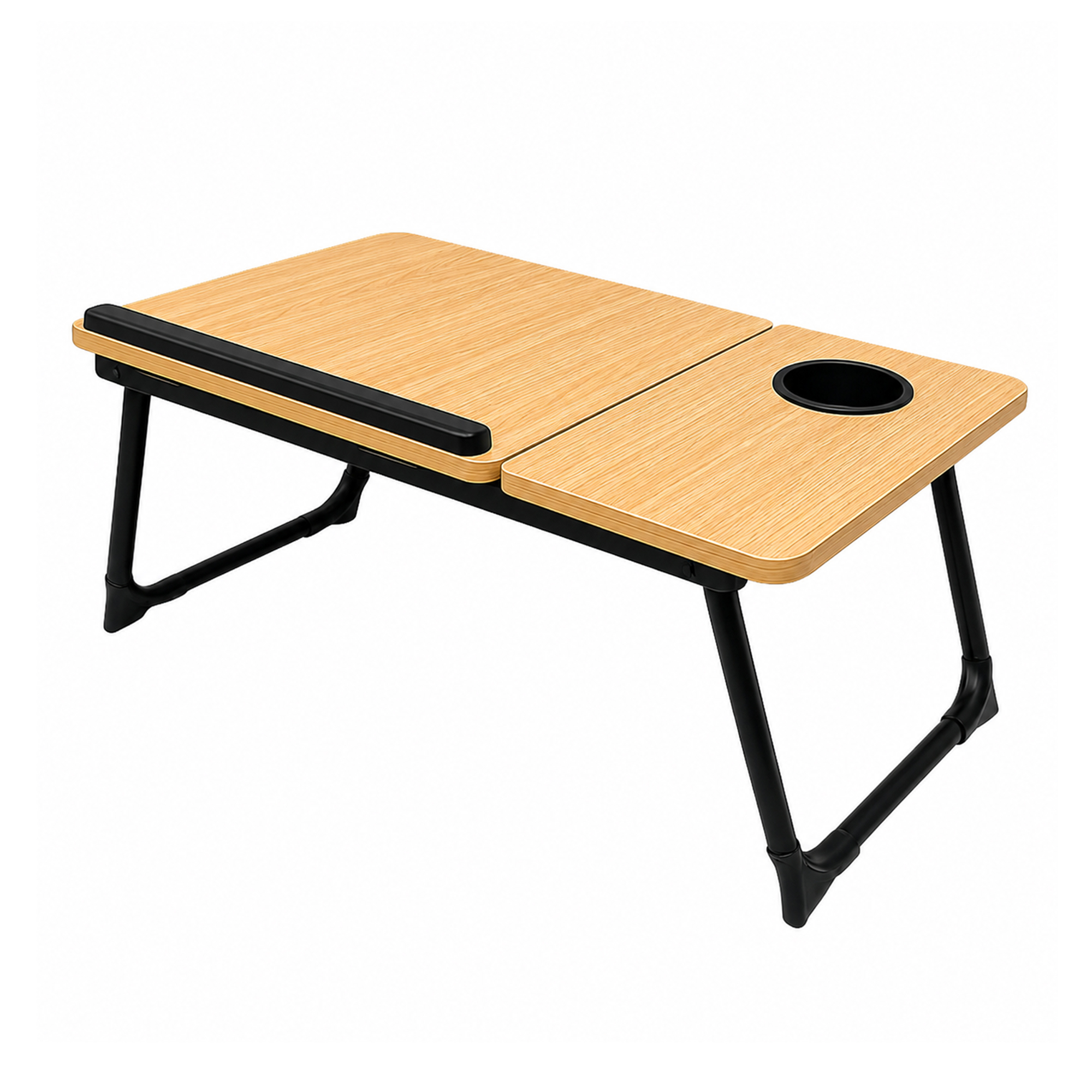 Mesa portátil de madera para la cama con patas negras y un posavasos sobre fondo blanco.