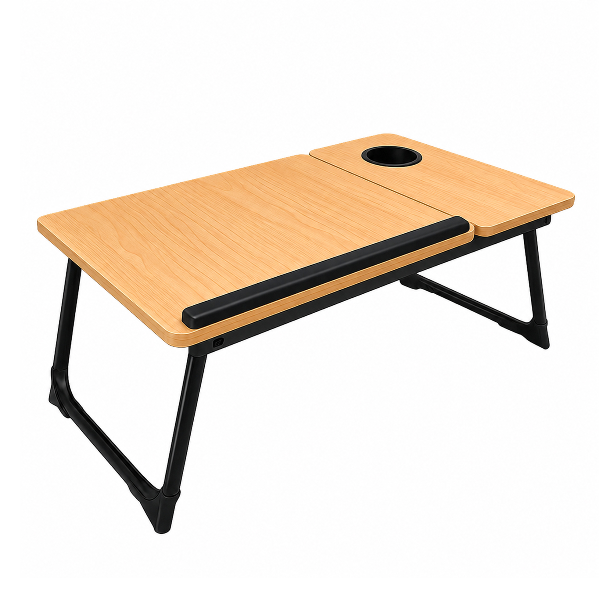 Una mesa portátil de madera con patas negras, portavasos y tope sobre fondo blanco.