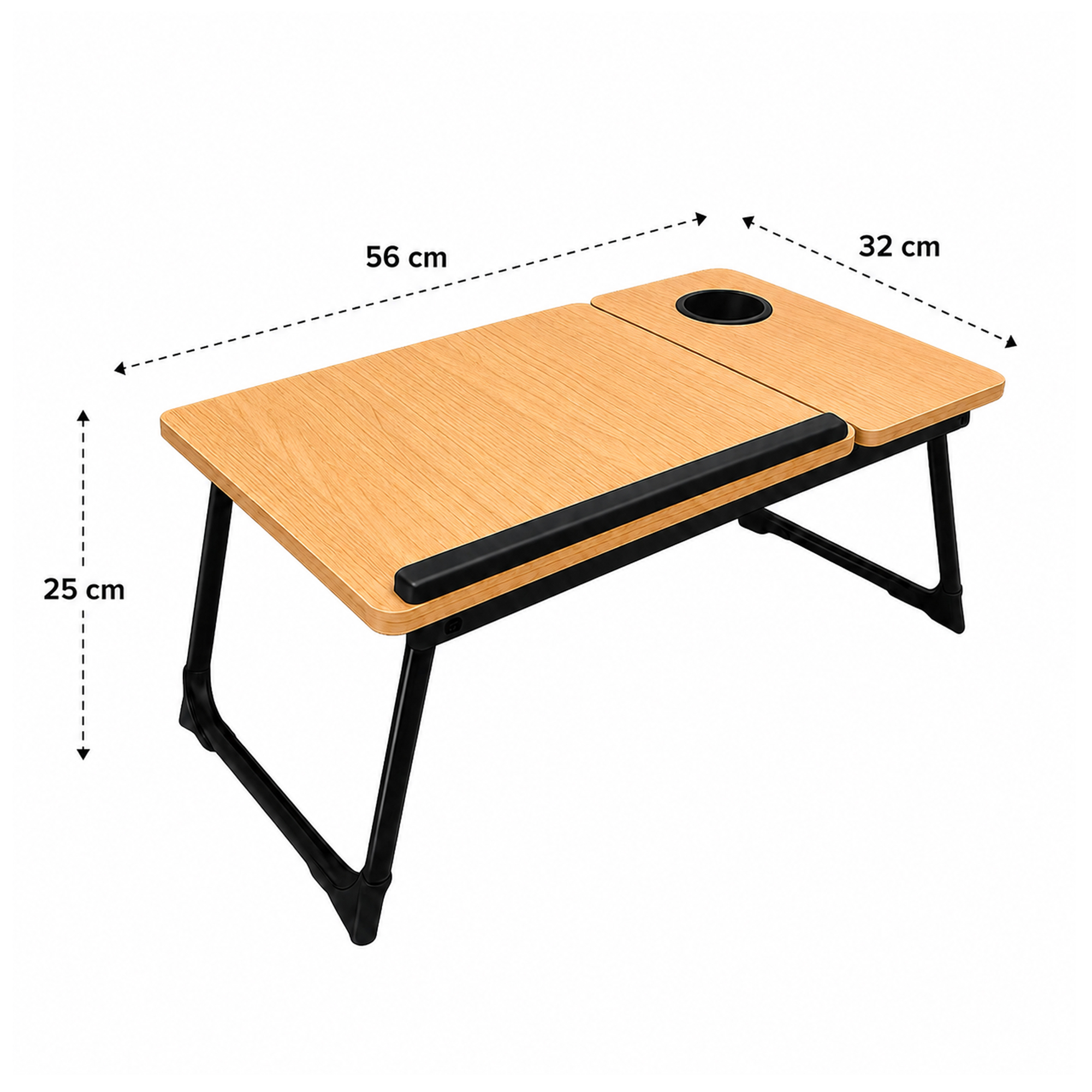 Mesa plegable de madera con medidas 56x32x25 cm, patas negras, posavasos y tope sobre fondo blanco.