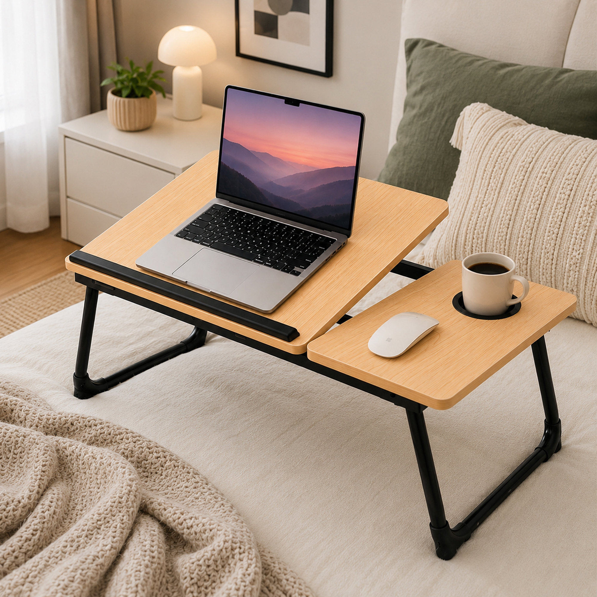 Una mesa para portátil de madera en una cama con ordenador, ratón y taza.