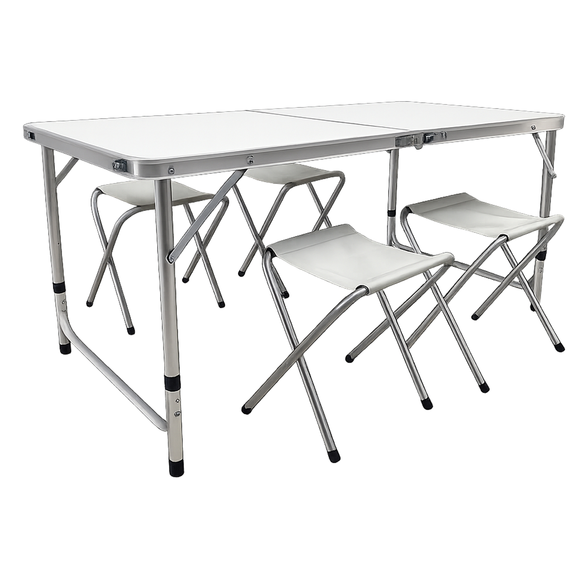 Una mesa de camping plegable blanca con cuatro taburetes de aluminio a juego sobre fondo blanco.